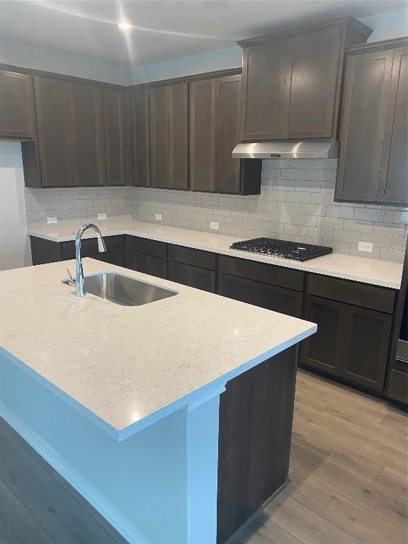 kitchen with gas stovetop, tasteful backsplash, a sink, light wood-type flooring, and under cabinet range hood