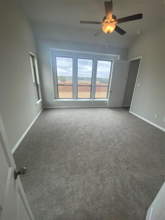 carpeted empty room featuring lofted ceiling, plenty of natural light, baseboards, and ceiling fan