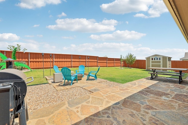 view of patio with a shed