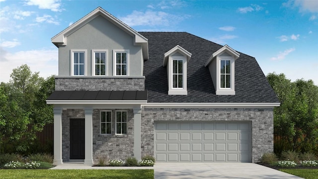 view of front of property featuring driveway, a garage, metal roof, roof with shingles, and stucco siding