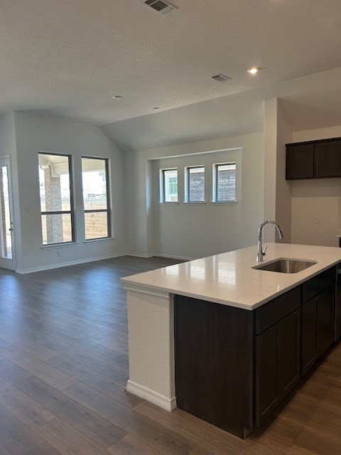 kitchen featuring dark wood-style flooring, vaulted ceiling, a textured ceiling, light countertops, and a sink