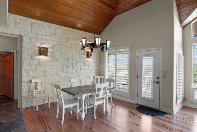 dining area featuring a chandelier, high vaulted ceiling, a wealth of natural light, and wooden ceiling