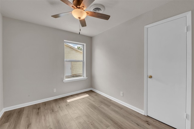 unfurnished bedroom featuring ceiling fan and light hardwood / wood-style floors