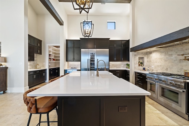 kitchen with decorative backsplash, appliances with stainless steel finishes, a kitchen island with sink, an inviting chandelier, and decorative light fixtures