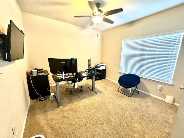 office featuring light colored carpet and ceiling fan