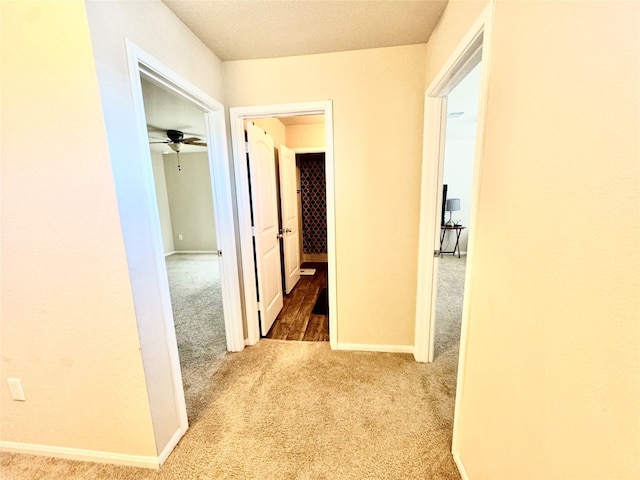 hall featuring a textured ceiling and carpet