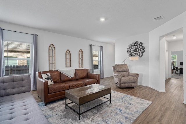 living room featuring a wealth of natural light and light hardwood / wood-style flooring