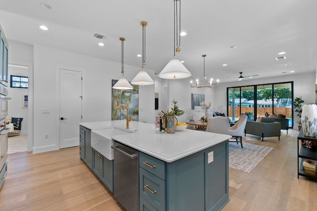 kitchen featuring sink, light wood-type flooring, a center island with sink, and stainless steel appliances