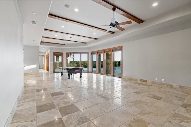 playroom with ceiling fan, pool table, and beam ceiling