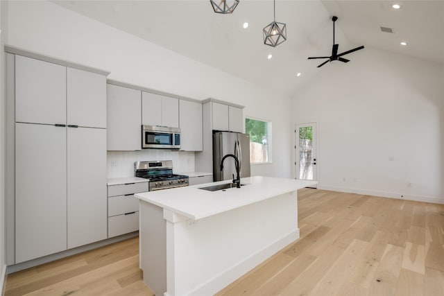 kitchen with decorative backsplash, light hardwood / wood-style flooring, an island with sink, sink, and stainless steel appliances