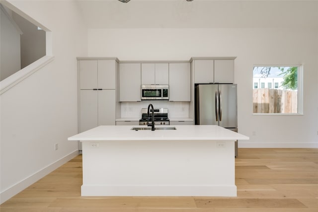 kitchen featuring appliances with stainless steel finishes, tasteful backsplash, sink, an island with sink, and light wood-type flooring