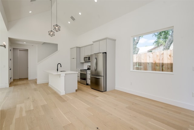 kitchen featuring light wood-type flooring, high vaulted ceiling, decorative light fixtures, and stainless steel appliances