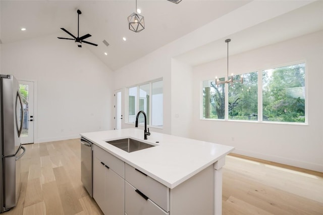 1928 Miles Ave Unit 2, Austin, TX 78745 - kitchen featuring a sink, stainless steel appliances, healthy amount of natural light, light wood-type flooring, and high vaulted ceiling