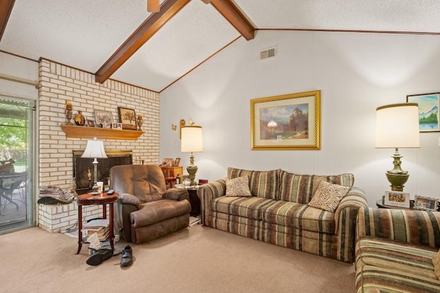 living room featuring vaulted ceiling with beams, a textured ceiling, visible vents, a brick fireplace, and carpet