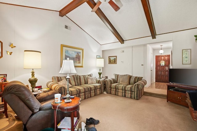 living room with carpet floors, visible vents, vaulted ceiling with beams, and a ceiling fan