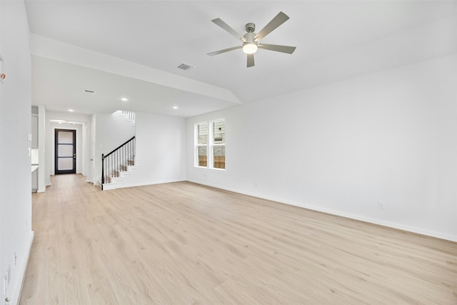 unfurnished living room featuring ceiling fan and light hardwood / wood-style floors