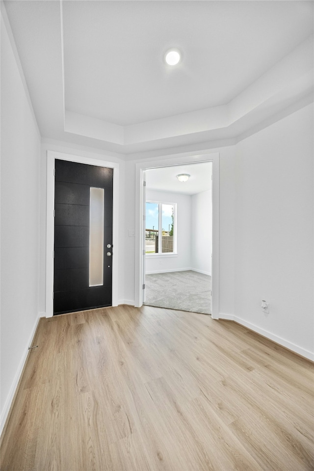 entrance foyer featuring a tray ceiling and light hardwood / wood-style flooring