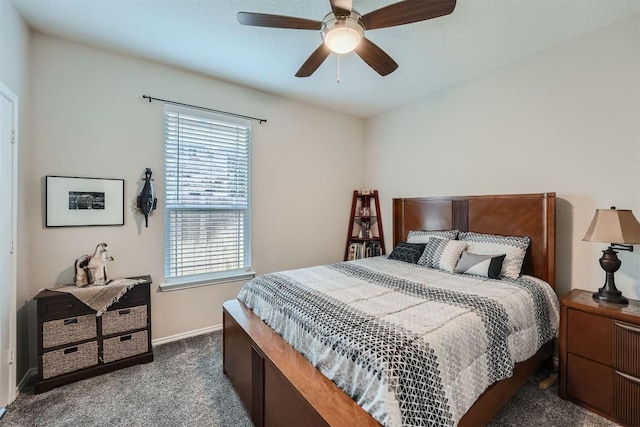 bedroom featuring ceiling fan and dark carpet