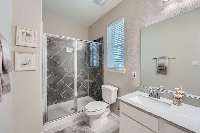 bathroom with tile patterned floors, vanity, toilet, and an enclosed shower