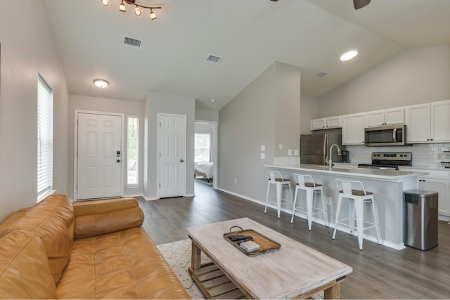 living room with sink, dark hardwood / wood-style flooring, and high vaulted ceiling