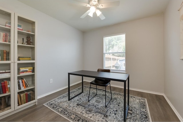 home office featuring ceiling fan and dark wood-type flooring