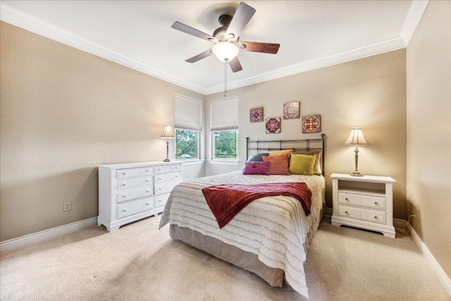 bedroom featuring ceiling fan, light carpet, and ornamental molding