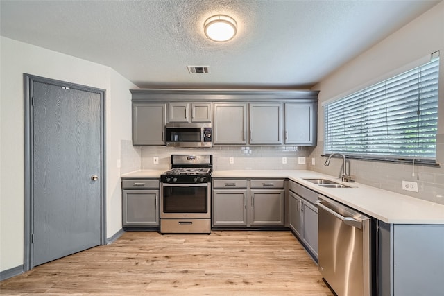 kitchen featuring light hardwood / wood-style floors, appliances with stainless steel finishes, sink, and decorative backsplash