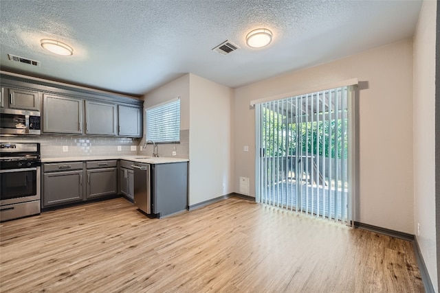 kitchen featuring sink, tasteful backsplash, light hardwood / wood-style floors, and stainless steel appliances