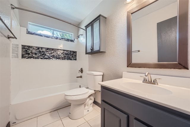 full bathroom featuring bathing tub / shower combination, toilet, vanity, and tile patterned floors