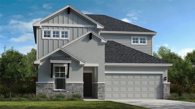 craftsman house with a garage, a shingled roof, concrete driveway, stone siding, and board and batten siding