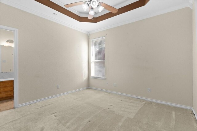 carpeted spare room featuring a tray ceiling, ceiling fan, and crown molding