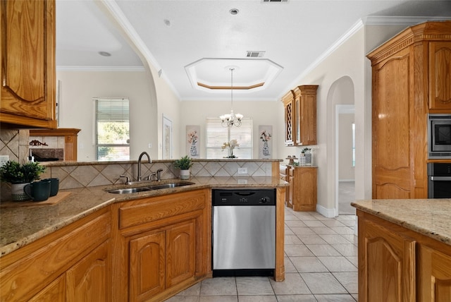 kitchen featuring sink, appliances with stainless steel finishes, tasteful backsplash, light tile patterned floors, and crown molding