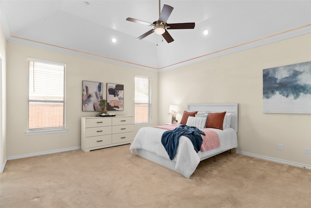 bedroom with ceiling fan, ornamental molding, light colored carpet, and lofted ceiling