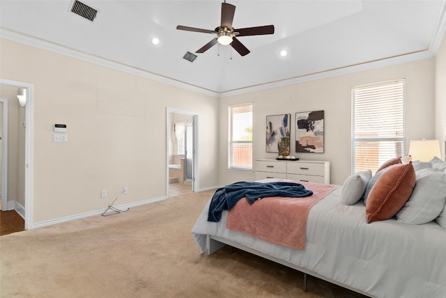 carpeted bedroom featuring ceiling fan, ornamental molding, and ensuite bathroom