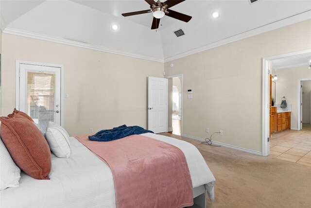 tiled bedroom with ceiling fan, high vaulted ceiling, ensuite bath, and ornamental molding