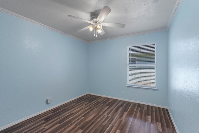 unfurnished room with ceiling fan, hardwood / wood-style flooring, ornamental molding, and a textured ceiling