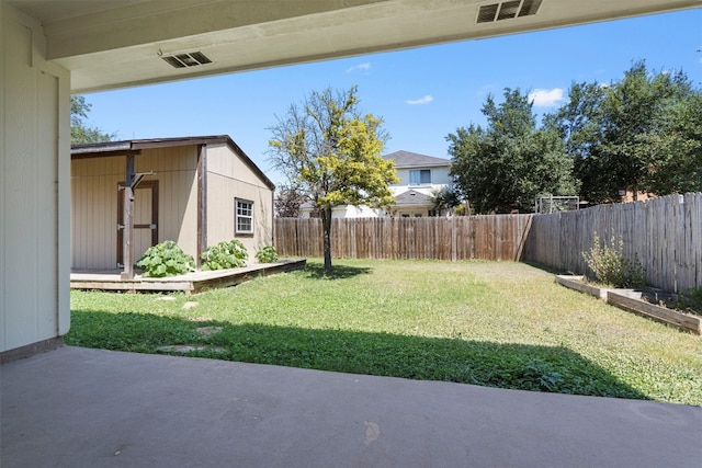 view of yard with a patio and a shed