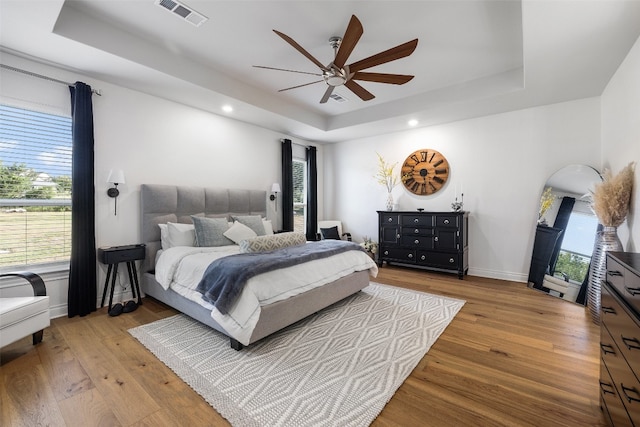 bedroom with light hardwood / wood-style floors, a raised ceiling, and multiple windows