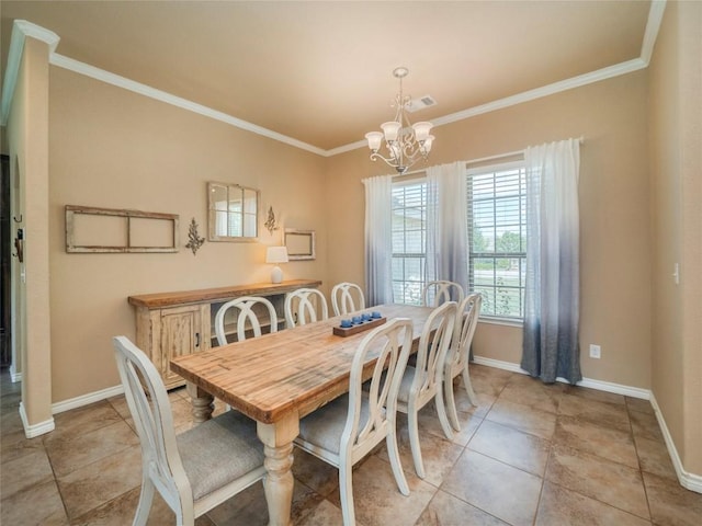 tiled dining area with crown molding and an inviting chandelier