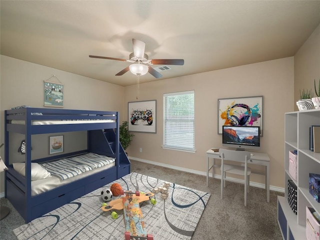 bedroom with ceiling fan and carpet flooring