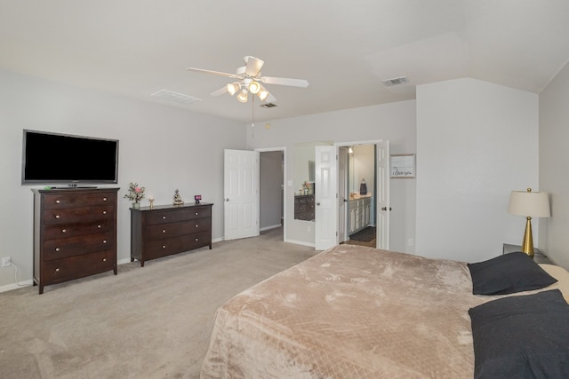 bedroom featuring ceiling fan and light colored carpet