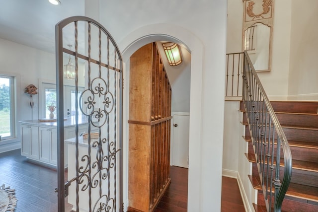 foyer entrance with french doors and dark hardwood / wood-style flooring