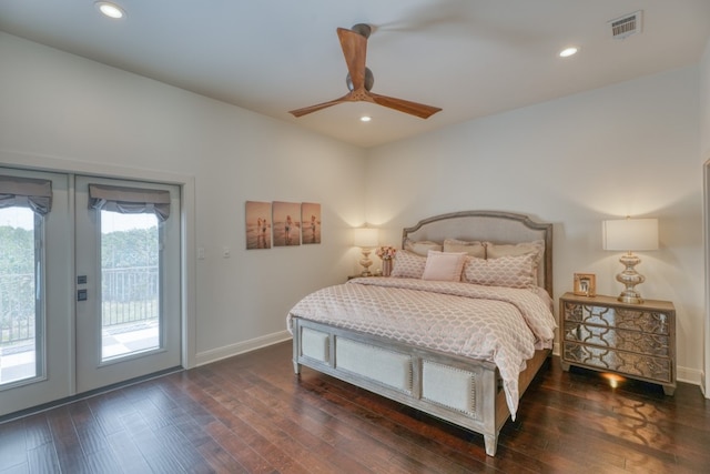 bedroom with ceiling fan, dark hardwood / wood-style flooring, and access to exterior