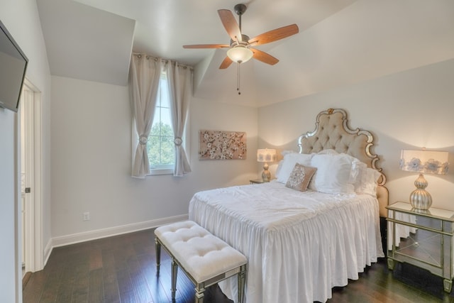 bedroom featuring ceiling fan and dark wood-type flooring