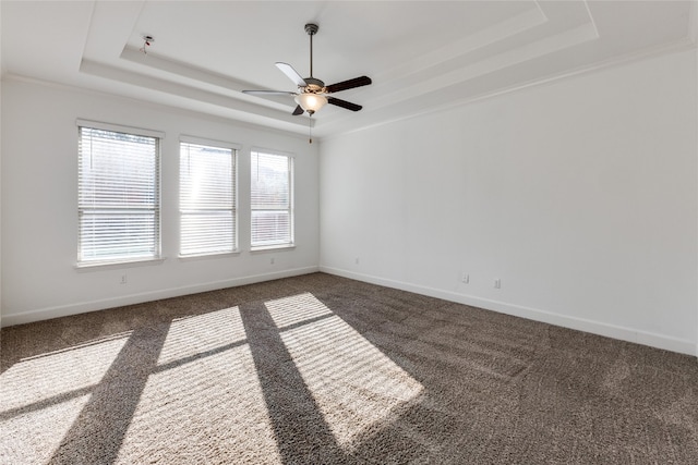 empty room featuring ceiling fan, carpet flooring, and a tray ceiling