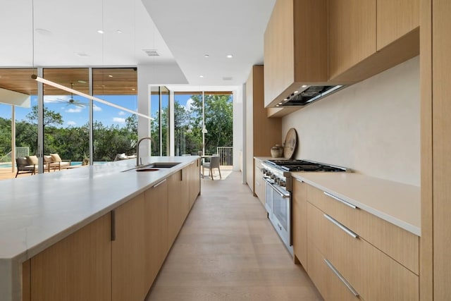 kitchen featuring custom exhaust hood, a sink, floor to ceiling windows, high end stainless steel range, and modern cabinets