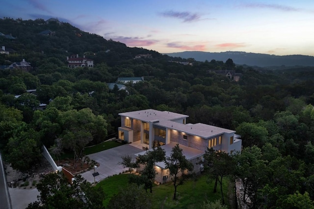 aerial view at dusk with a forest view