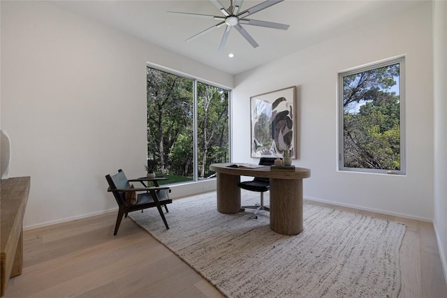 office area featuring recessed lighting, light wood-style flooring, baseboards, and ceiling fan