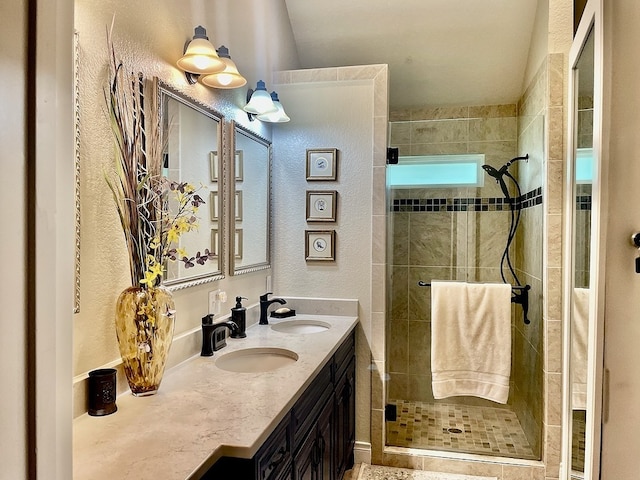 bathroom with double vanity and walk in shower