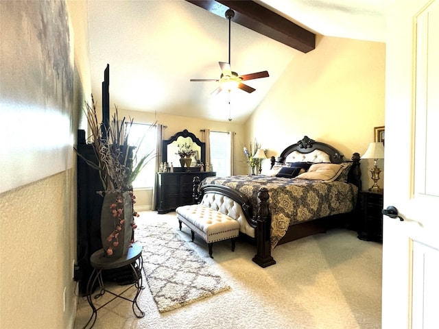 carpeted bedroom featuring ceiling fan, beam ceiling, and high vaulted ceiling